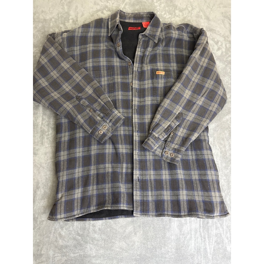 Wolverine Mens XL Fleece Lined Flannel Shirt Jacket Plaid Gray Blue RN 18798